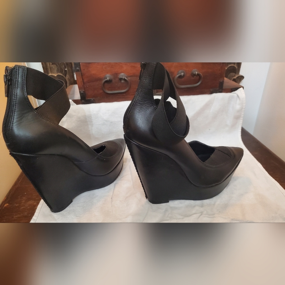 Office London black platform Wedge with elastic ankle detail